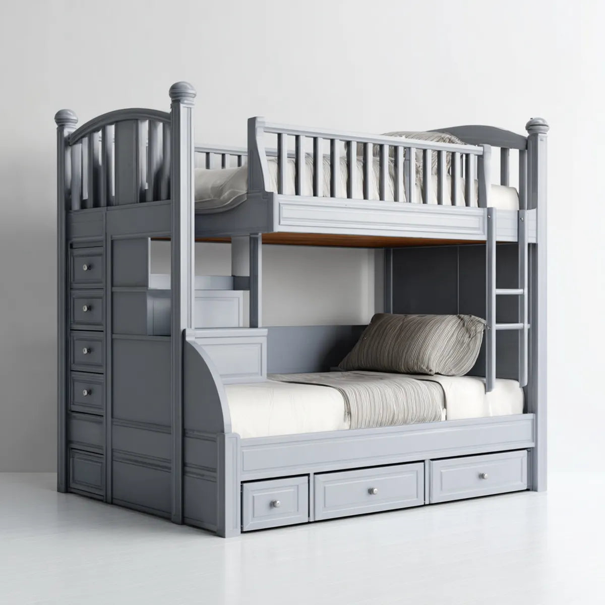 Lit superposé enfant gris avec rangements 90 x 190 cm et 140 x 190 cm en pin massif et MDF rectangulaire 209 x 151 x 190 cm
