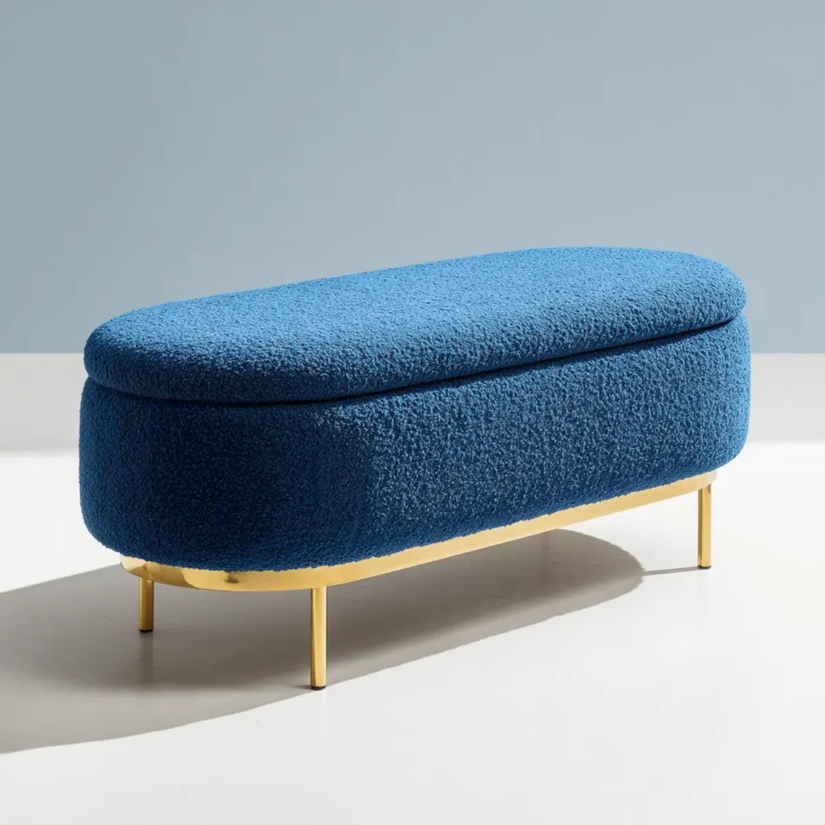Banc de bout de lit coffre bleu et doré 120 x 45 x 45 cm en polyester bouclette forme ovale