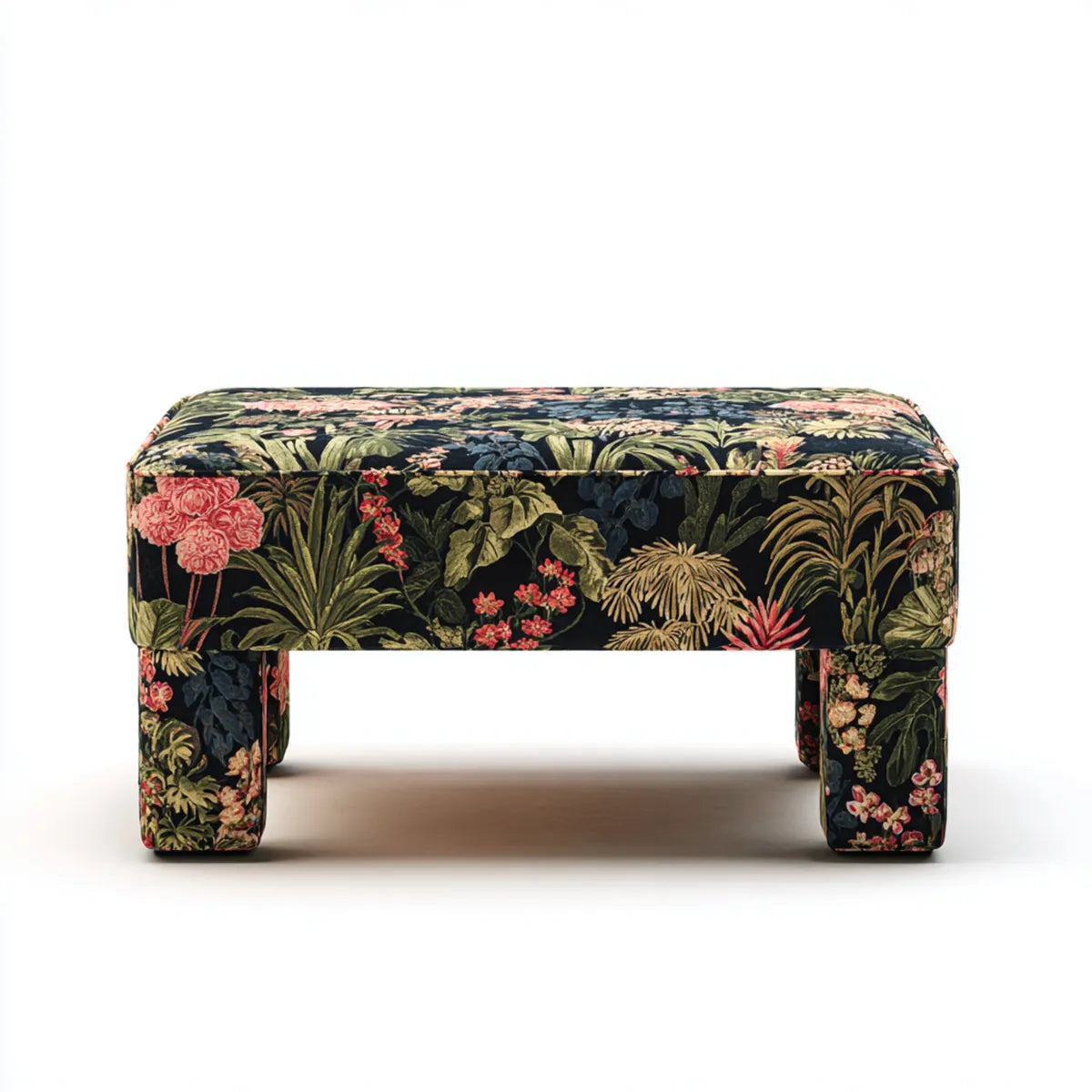 Banc de bout de lit rembourré noir à motif botanique rectangulaire 120 x 40 x 45 cm en polyester