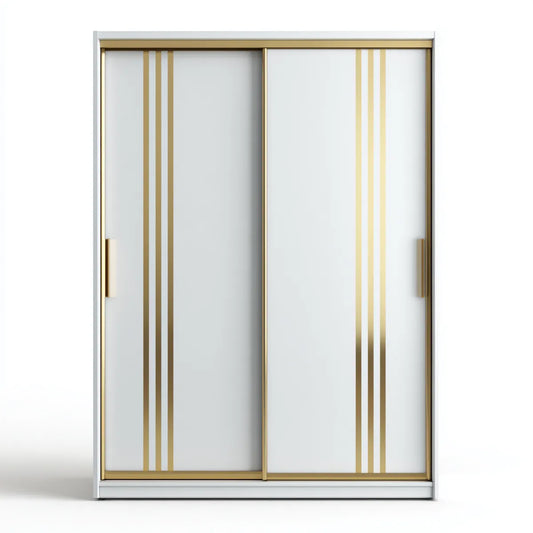Armoire penderie à portes coulissantes blanche et dorée 160 x 60 x 200 cm en panneaux MDF rectangulaire