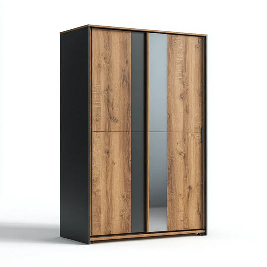 Armoire 3 portes coulissantes chêne naturel noir miroir gris en panneaux de particules mélaminés rectangulaire 180 x 60 x 200 cm