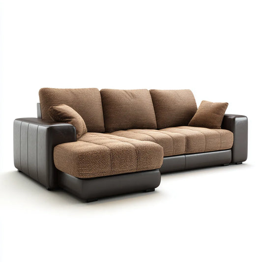 Canapé d’angle 3 places avec méridienne gauche marron en polyester bouclé et similicuir PU 280 x 165 x 88 cm