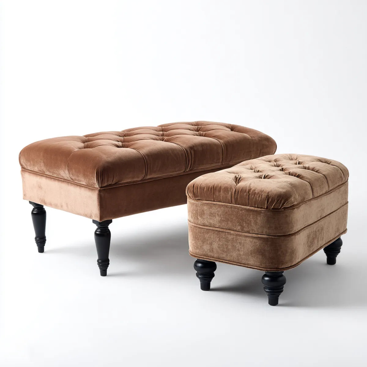 Ensemble de 2 bancs de bout de lit capitonnés marron et taupe en velours polyester avec pieds en bois massif 120 x 45 x 48 cm et 70 x 70 x 45 cm