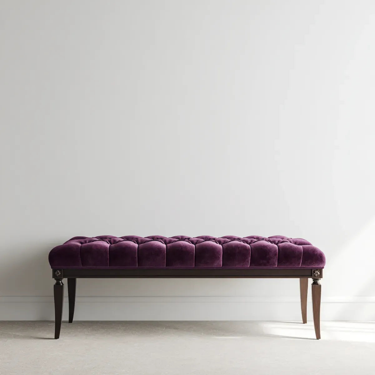 Banc de bout de lit capitonné violet 120 x 40 x 48 cm en velours polyester et bois massif rectangulaire