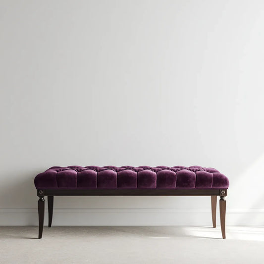 Banc de bout de lit capitonné violet 120 x 40 x 48 cm en velours polyester et bois massif rectangulaire