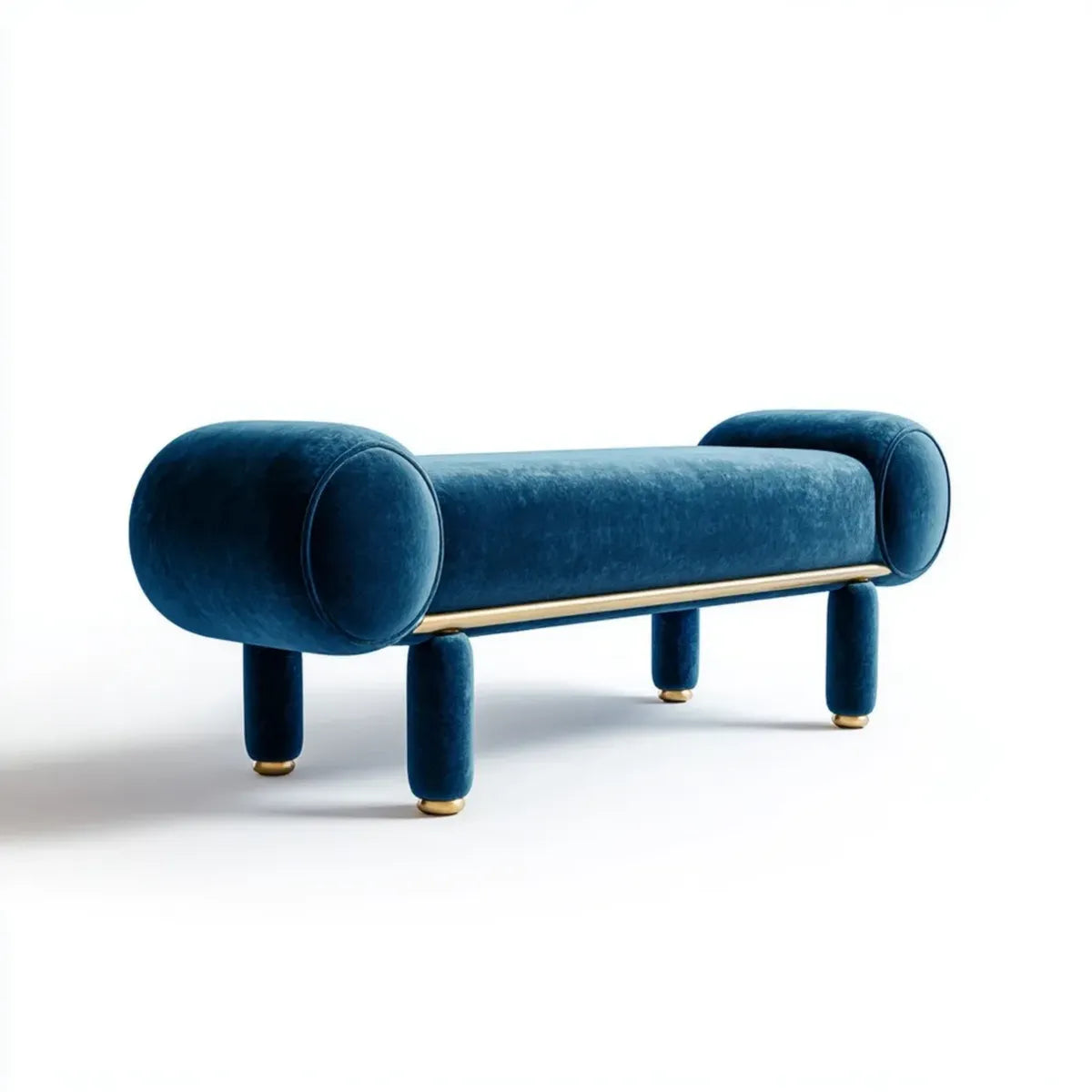 Banc de bout de lit bleu nuit en velours de polyester avec pieds cylindriques dorés 120 x 45 x 55 cm