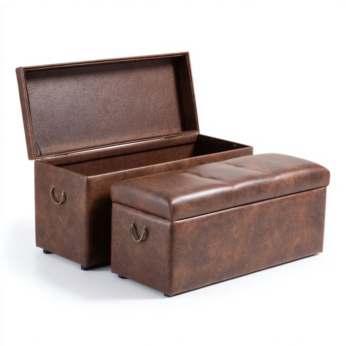 Lot de 2 bancs coffre de rangement marron en cuir synthétique PU rectangulaires 76 x 38 x 38 cm et 64 x 32 x 32 cm