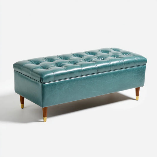 Banc coffre de rangement bleu pétrole 120 x 45 x 45 cm en cuir synthétique PU rectangulaire