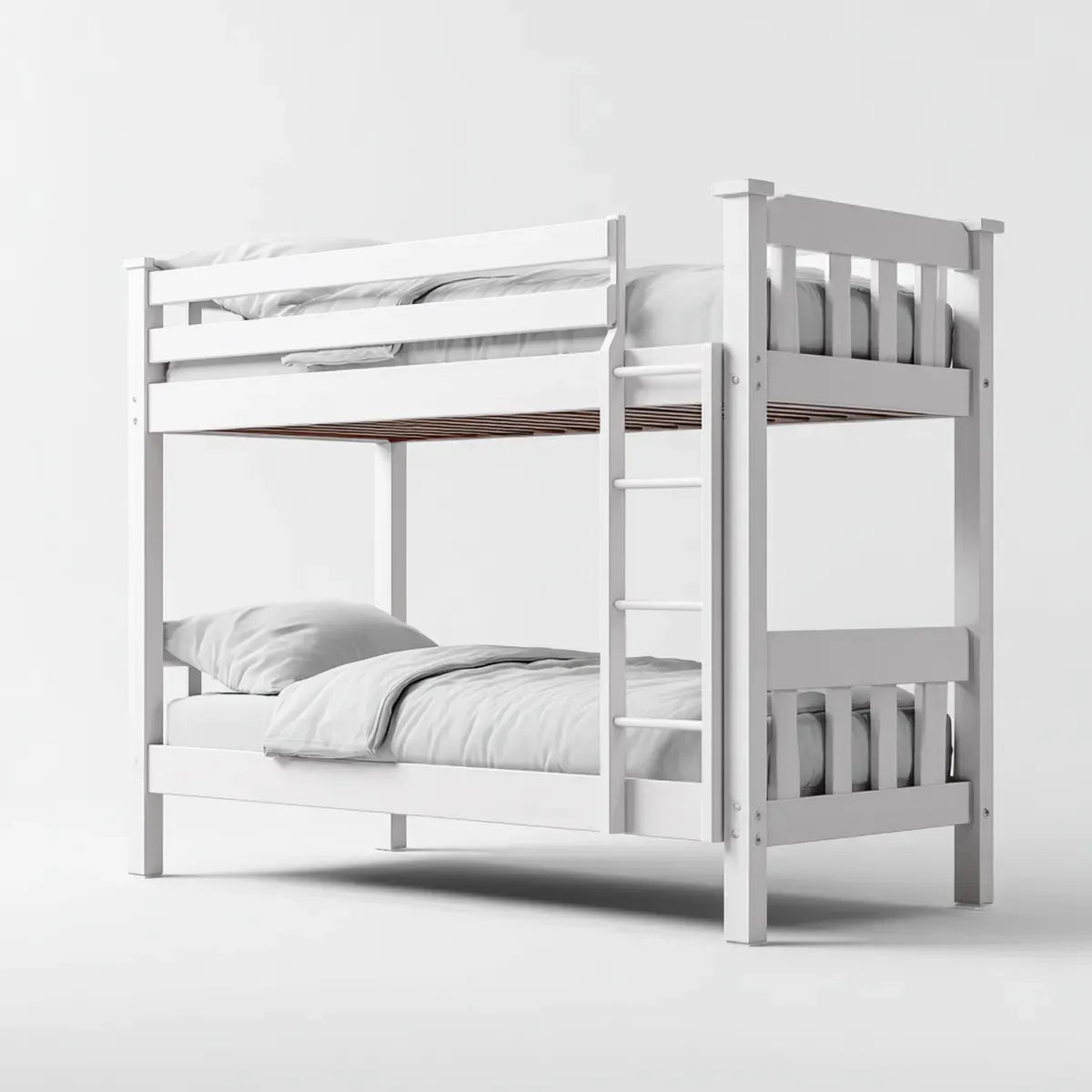Lit superposé enfant blanc 90 x 200 cm en pin massif avec échelle et barrières