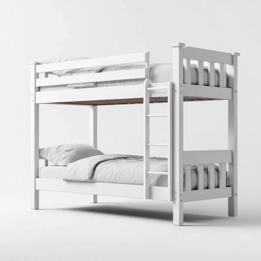 Lit superposé enfant blanc 90 x 200 cm en pin massif avec échelle et barrières