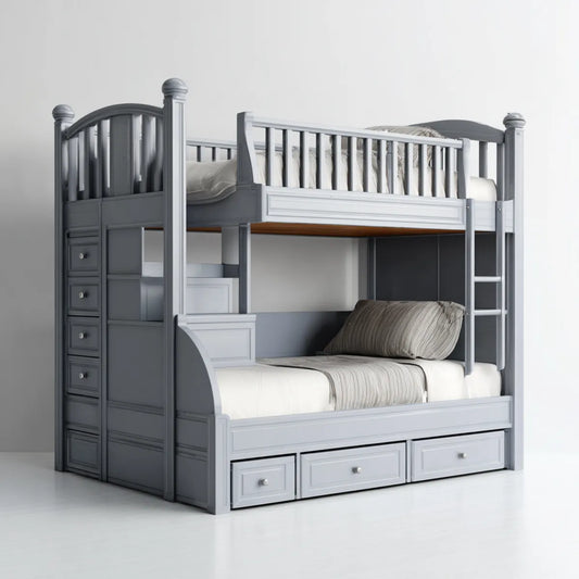Lit superposé enfant gris avec rangements 90 x 190 cm et 140 x 190 cm en pin massif et MDF rectangulaire 209 x 151 x 190 cm