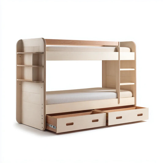 Lit superposé enfant 90 x 190 cm beige en contreplaqué de bouleau avec échelle étagères et 2 tiroirs