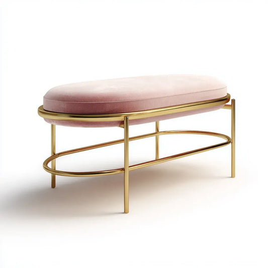 Banc de bout de lit rose et doré 120 x 40 x 45 cm en velours de polyester et acier forme ovale