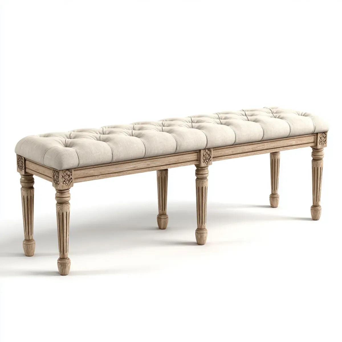 Banc de bout de lit capitonné beige 180 x 45 x 50 cm en bois massif de manguier rectangulaire