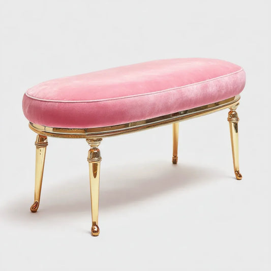 Banc de bout de lit rembourré rose et doré en velours de polyester et acier inoxydable ovale 100 x 40 x 45 cm